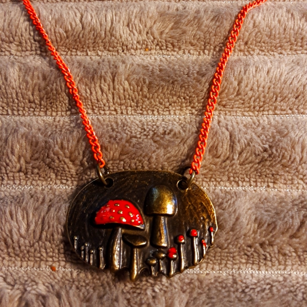Handmade Cottage Core Mushroom Necklace Bronze With Matching Orange Chain